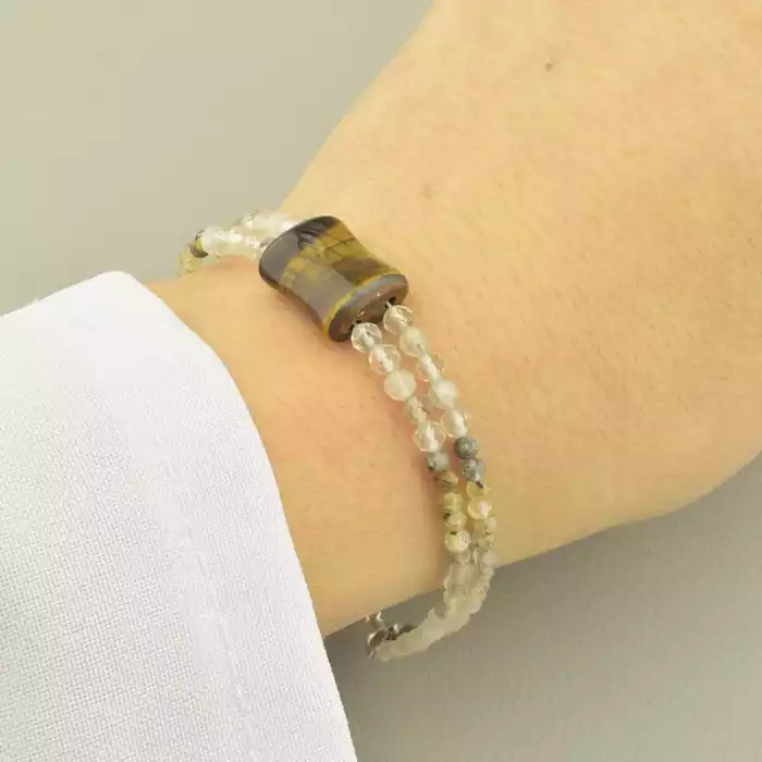 🏷️️ Браслет з самоцвітами і тигровим оком грань (17 см, різнокольоровий, карабін) ss_104716