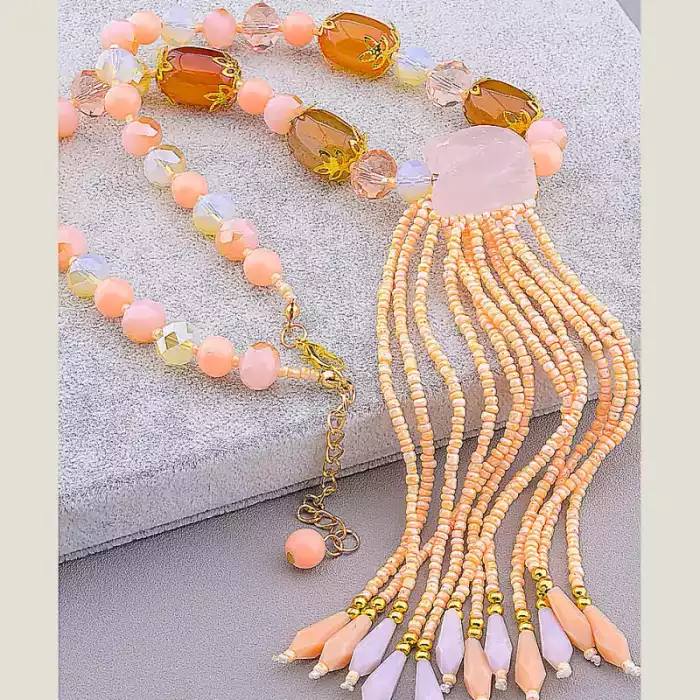 🏷️️ Намисто Рожевий кварц, Чеський кришталь 43 см ss_76656