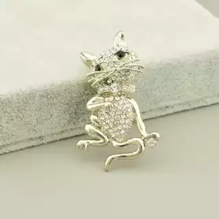 Брошка кіт фіаніт (40х25 мм, Abella, родій, кришталевий, срібний)