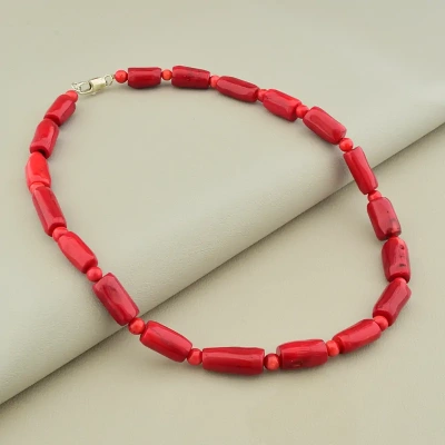 Намисто з коралів (45 см, з карабіном, сталь, 14х10 мм, 6 мм, B, червоний, срібний)