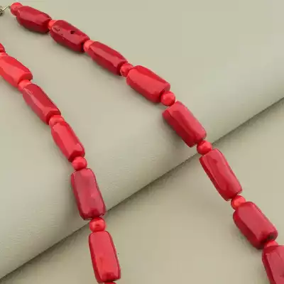 🏷️️ Намисто з коралів (45 см, з карабіном, сталь, 14х10 мм, 6 мм, B, червоний, срібний) F-105328