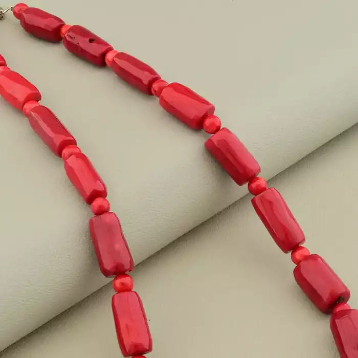 🏷️️ Намисто з коралів (45 см, з карабіном, сталь, 14х10 мм, 6 мм, B, червоний, срібний) ss_105328