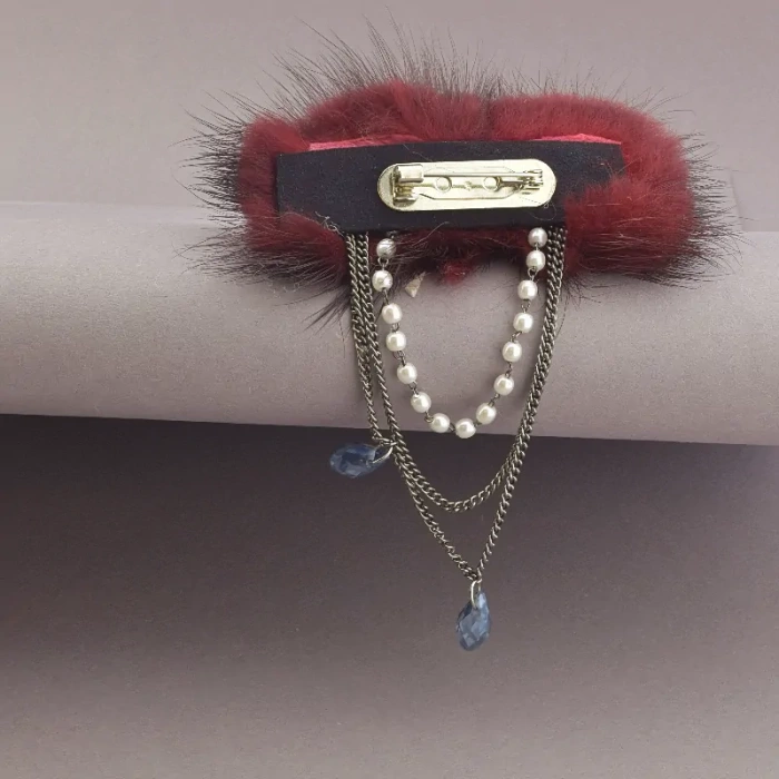 🏷️️ Брошка бордова Hand Made Хутро ss_34368