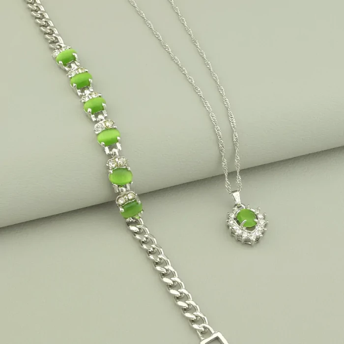 🏷️️ Намисто+Браслет+Сережки Котяче око, Фіаніт 45 см. ss_97142