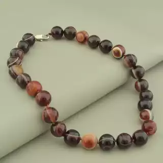 Намисто агат (42 см, з карабіном, сталь, 14 мм, коричневий, сірий, срібний)