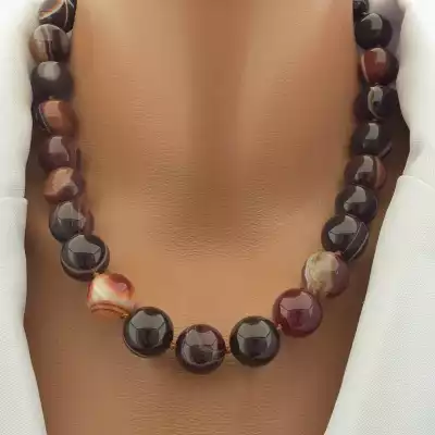 🏷️️ Намисто агат (42 см, з карабіном, сталь, 14 мм, коричневий, сірий, срібний) F-105229