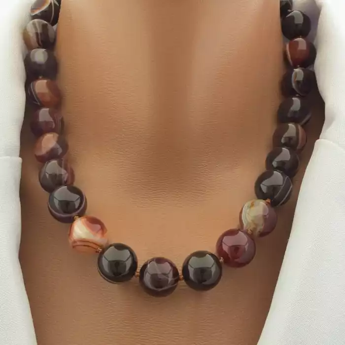 🏷️️ Намисто агат (42 см, з карабіном, сталь, 14 мм, коричневий, сірий, срібний) ss_105229