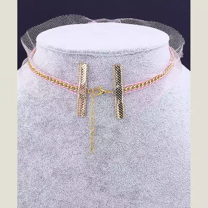 🏷️️ Чокер рожевий з бантом FJ тканина 32 см Crystal (застібка карабін) ss_37373