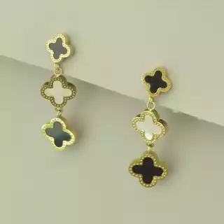 Сережки клевер пусети Stainless Steel Емаль Ван Кліф  (позолота лимонна 18к)