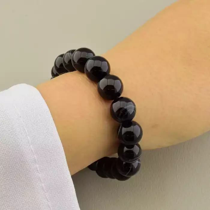 🏷️️ Браслет резинка Агат (17 см, без замку, кульковий, чорний) ss_104923
