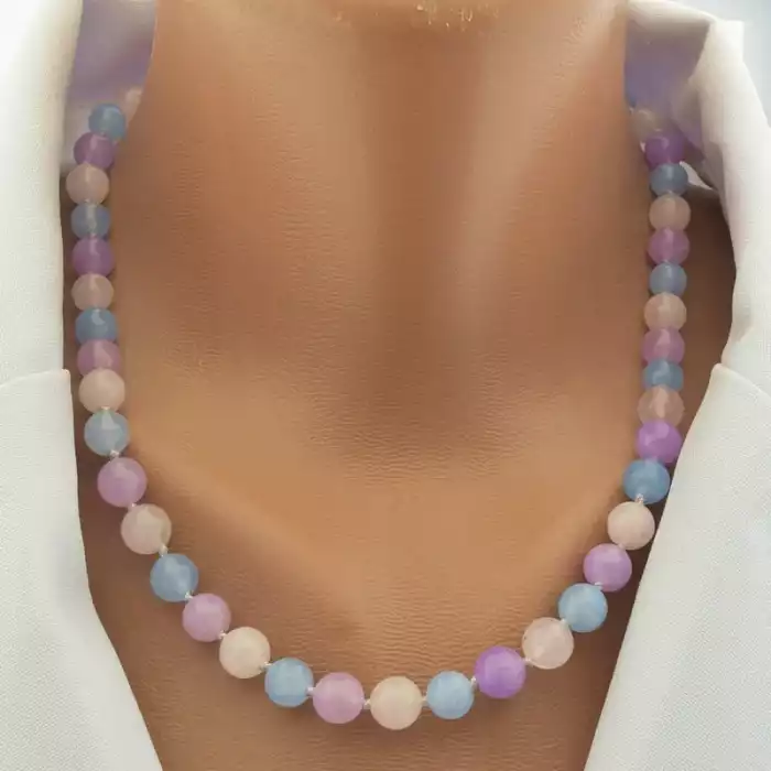 🏷️️ Намисто морганіт (44 см, з карабіном, сталь, 8 мм, синій, рожевий, фіолетовий) ss_105333