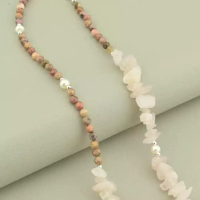 🏷️️ Підвіска з родонітом, рожевим кварцем та перлами (40 см) ss_104624