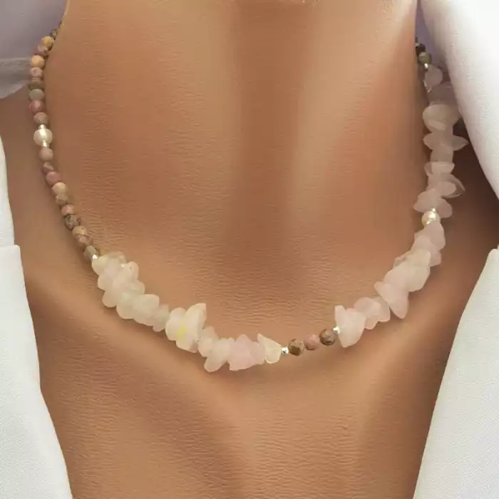 🏷️️ Підвіска з родонітом, рожевим кварцем та перлами (40 см) ss_104624