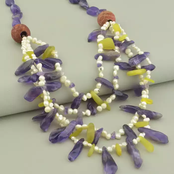 🏷️️ Намисто Аметист, Перли, Жадеїт 43 см. ss_97861
