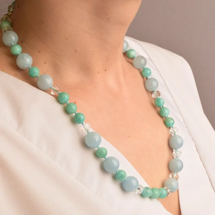 🏷️️ Намисто Аквамарин, Амазонит, Чеський кришталь 53 см. (срібло 925 проба) ss_91062