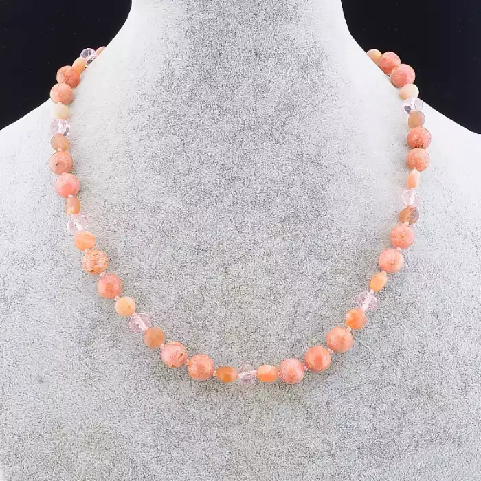 🏷️️ Намисто Родохрозит, Сонячний камінь, Чеський кришталь 50 см. ss_86492