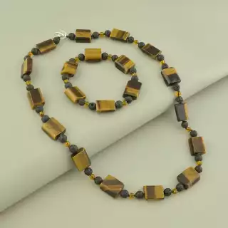 Комплект підвіска+браслет тигрове око і лава (52 см, коричнево-чорний)