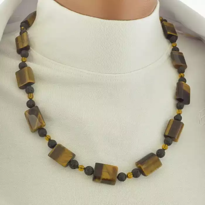 🏷️️ Комплект підвіска+браслет тигрове око і лава (52 см, коричнево-чорний) ss_104727