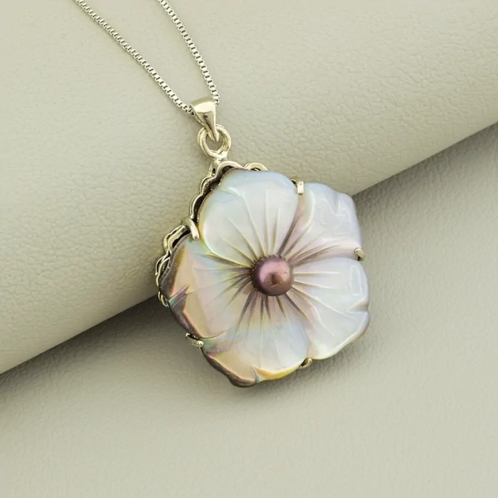 🏷️️ Підвіска квітка перламутр перли (44 см, сталь з карабіном, 40х30 мм, сірий, бензиновий, срібний) ss_105337