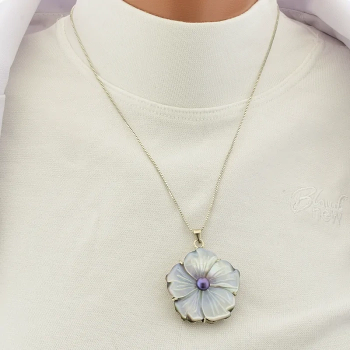 🏷️️ Підвіска квітка перламутр перли (44 см, сталь з карабіном, 40х30 мм, сірий, бензиновий, срібний) ss_105337