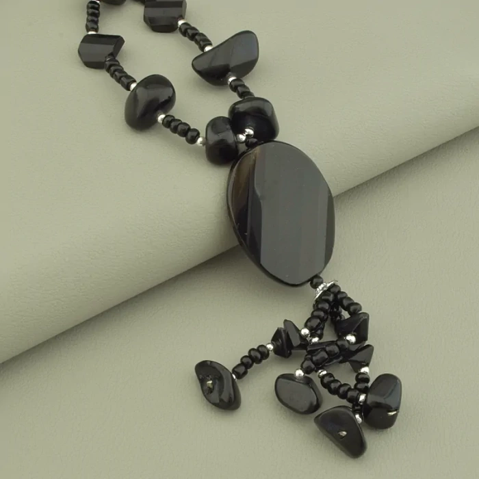 🏷️️ Підвіска з агатом та бісером (чорно-бірюзова, 100 см) ss_104630