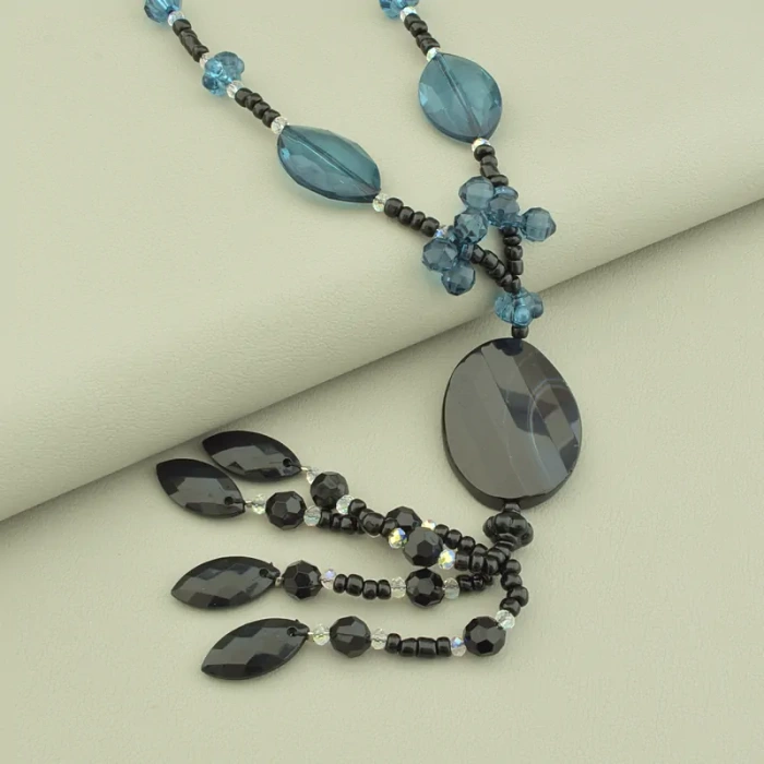 🏷️️ Підвіска з агатом та бісером (чорно-бірюзова, 100 см) ss_104631