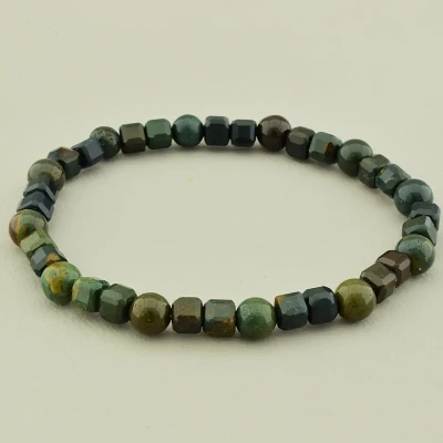 Браслет резинка Яшма (18 см, без замку, кульковий, грань, зелений, коричневий)