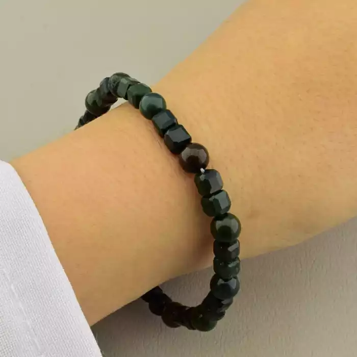🏷️️ Браслет резинка Яшма (18 см, без замку, кульковий, грань, зелений, коричневий) ss_104931