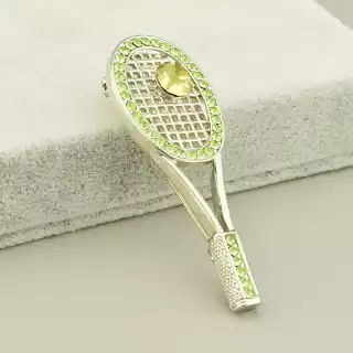 Брошка ракетка фіаніт (55х23 мм, мідний сплав, зелений, жовтий, срібний)