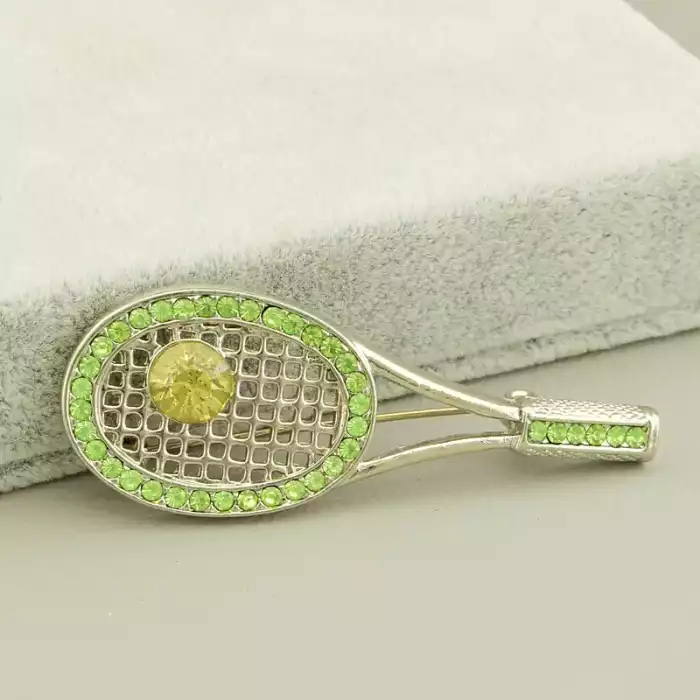 🏷️️ Брошка ракетка фіаніт (55х23 мм, мідний сплав, зелений, жовтий, срібний) ss_105240