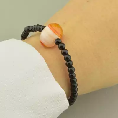 🏷️️ Браслет резинка з агатом (чорний, 18 см, кульки) F-104632
