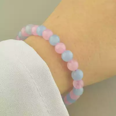 🏷️️ Браслет резинка з аквамарином і рожевим кварцом кулька (18 см, синьо-рожевий, на гумці) F-104732