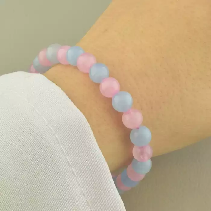 🏷️️ Браслет резинка з аквамарином і рожевим кварцом кулька (18 см, синьо-рожевий, на гумці) ss_104732
