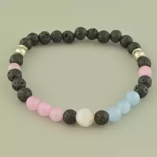 Браслет резинка з лавою аквамарином і рожевим кварцом грань (19 см, чорно-блакитно-рожевий)