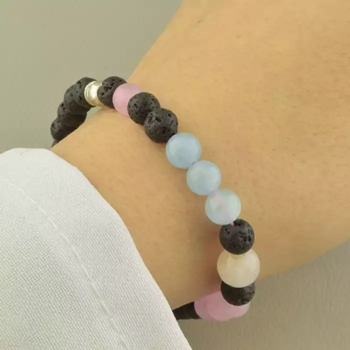 🏷️️ Браслет резинка з лавою аквамарином і рожевим кварцом грань (19 см, чорно-блакитно-рожевий) ss_104733