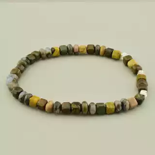 Браслет резинка Яшма (19 см, без замку, квадратний, коричневий, блакитний, срібний)