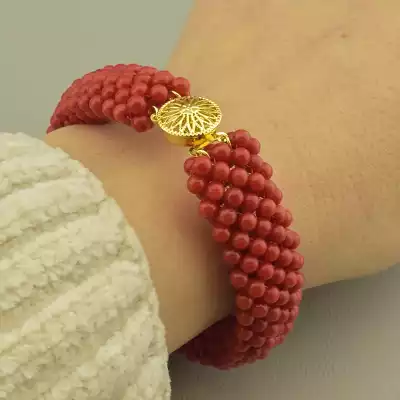 🏷️️ Браслет складний корал (20 см, позолота 18к, мідний сплав, червоний, жовтий) F-105244