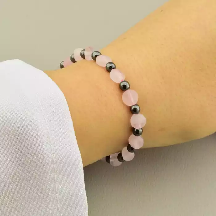 🏷️️ Браслет на резинці Рожевий кварц, Гематит 16 см F-105853