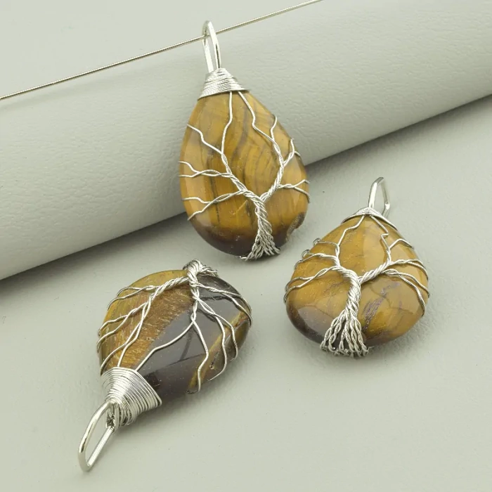 🏷️️ Кулон стальний дерево дріт Тигрове око 35x25мм. ss_93272