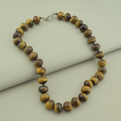 Намисто тигрове око (45 см, з карабіном, сталь, 14х10 мм, коричневий, срібний)