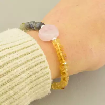 🏷️️ Браслет на карабіні Цитрін, Лабрадор, Рожевий кварц 18 см срібло (925) F-105954