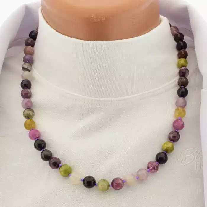 🏷️️ Намисто турмалін (48 см, з карабіном, сталь, 8,5 мм, різнокольоровий, срібний) ss_105347