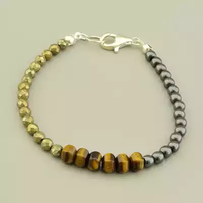 Браслет на резинці Тигрове око, Пірит, Гематит 18 см срібло (925)