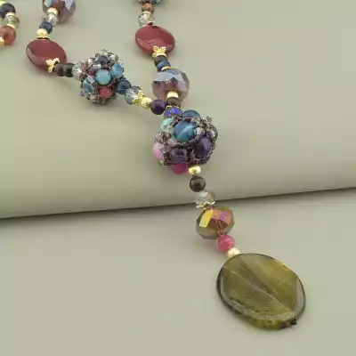 🏷️️ Намисто Агат, Чеський кришталь 65 см. позолота 18к F-101640