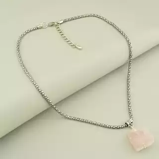 Підвіска Рожевий кварц (48 см, карабін, срібний, рожевий)