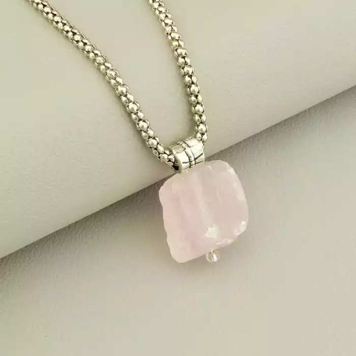 🏷️️ Підвіска Рожевий кварц (48 см, карабін, срібний, рожевий) ss_104938