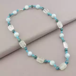 Намисто Апатит, Гірський кришталь, Аквамарин 52 см. (срібло 925 проба)