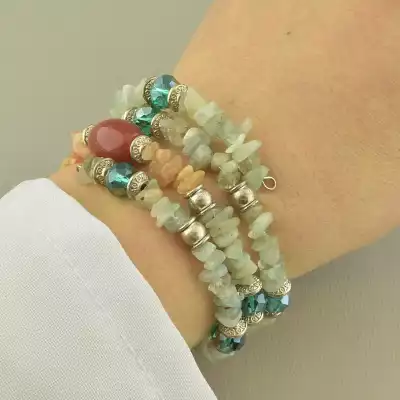 🏷️️ Браслет без застібки з аквамарином цитрином і сердоліком крихітка (17 см, синьо-жовто-коричневий) F-104739