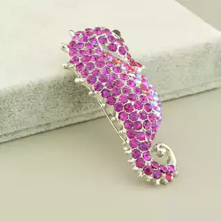 Брошка морський коник фіаніт (65х30 мм, Abella, булавка, мідний сплав, родій, рожевий, червоний, срібний)