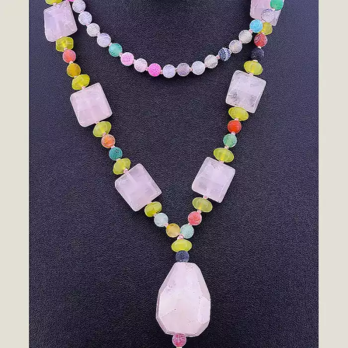 🏷️️ Намисто Рожевий кварц, Агат, Нефрит 80 см ss_53553